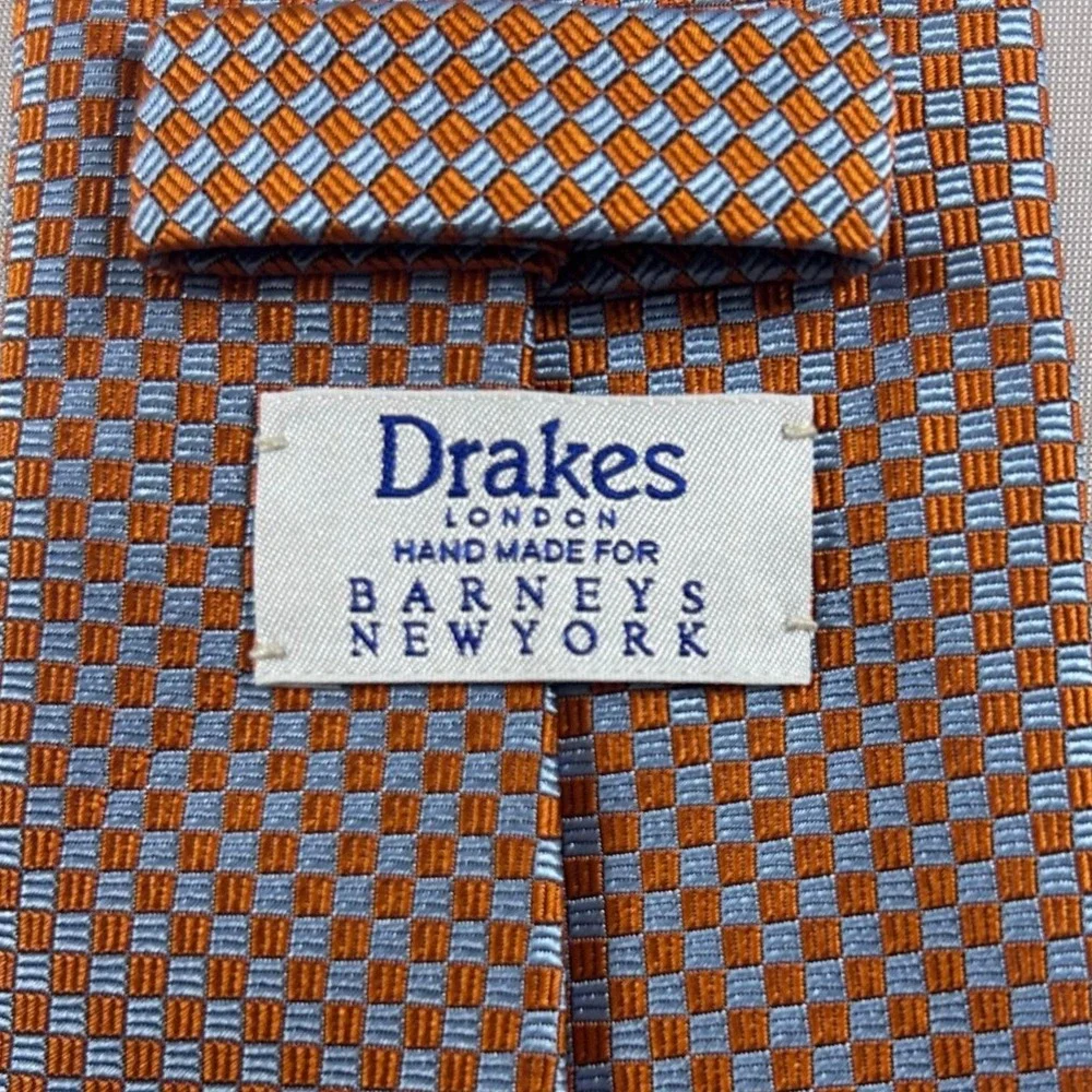 Drakes London Barneys New York Tie Mens Orange Blue Silk Check Handmade England
